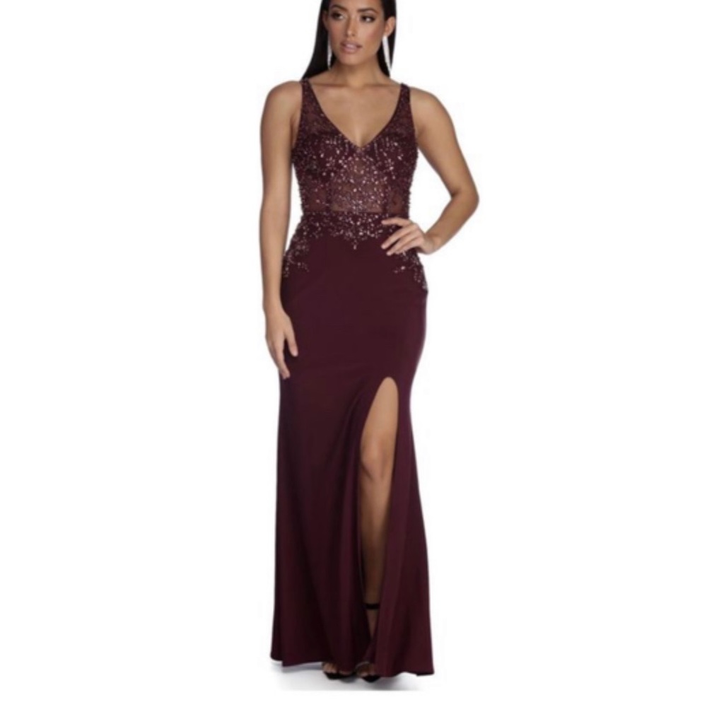 Burgundy beaded evening dress